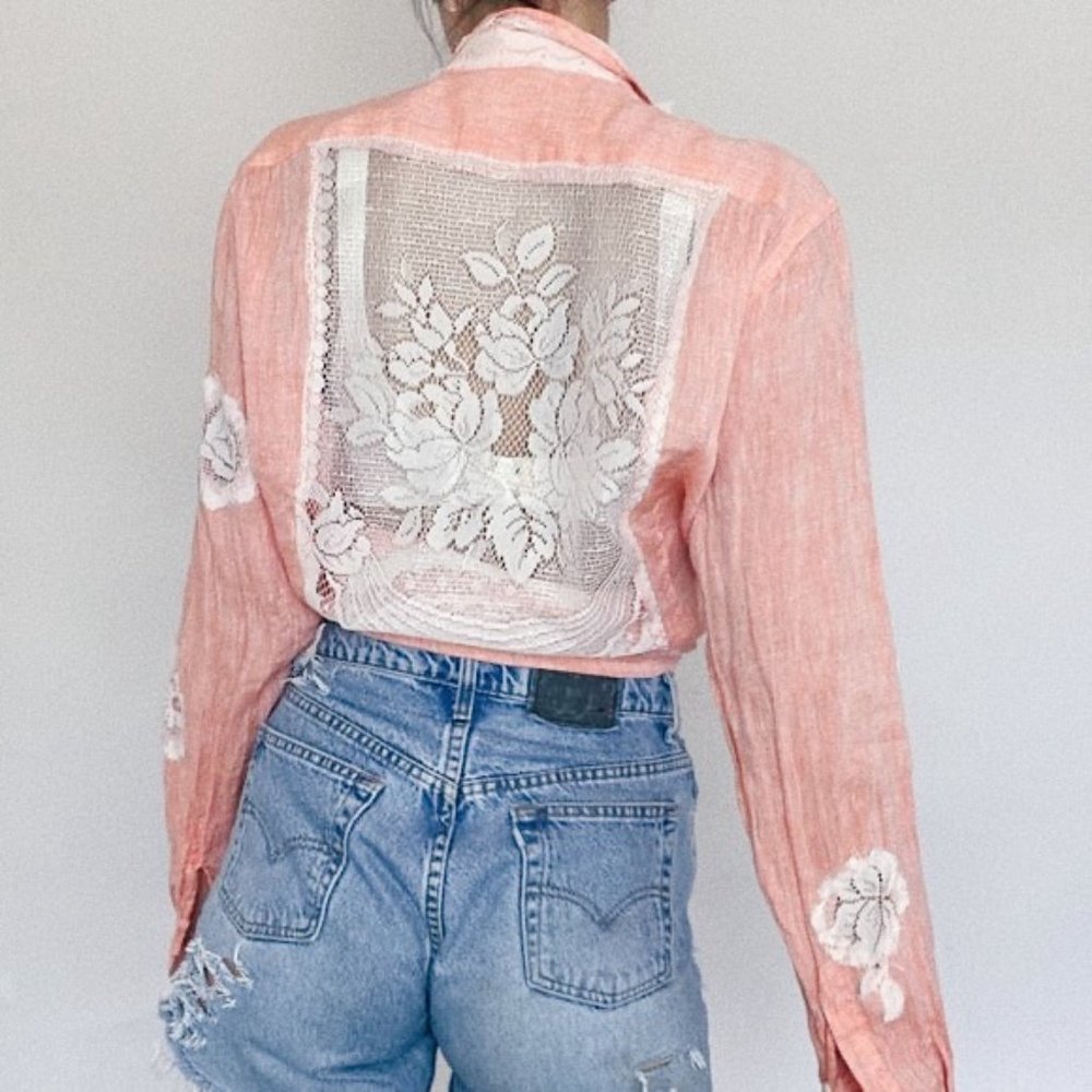 Vintage Orange Linen Floral Lace Button Down Blouse - Picture 2 of 11